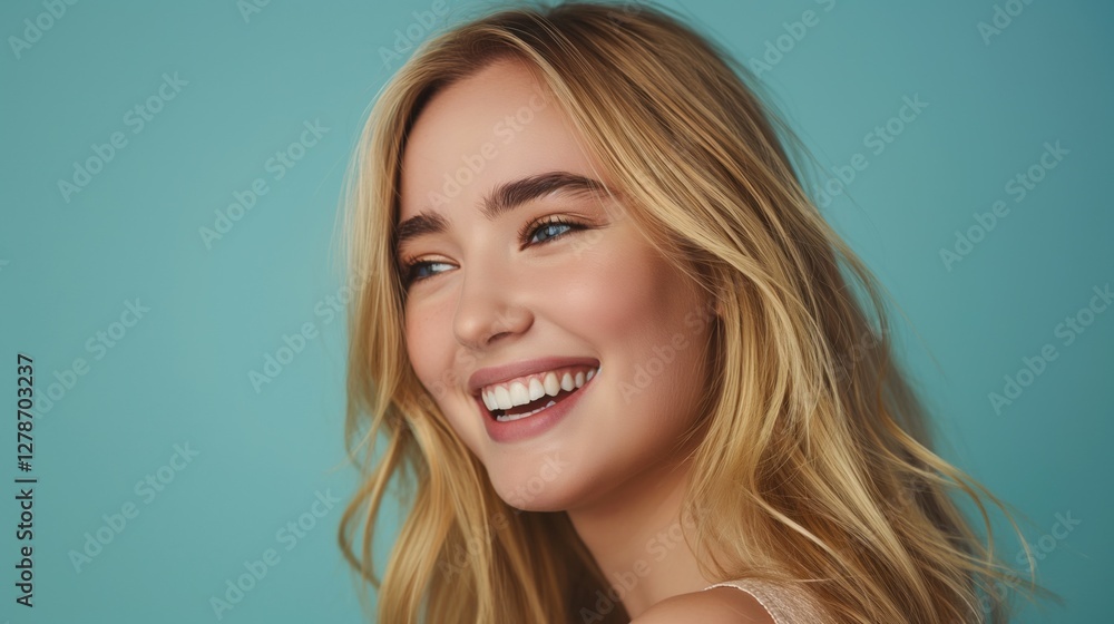 Wall mural A young woman with long blonde hair smiles brightly, showcasing her clear skin and joyful expression in a calming blue setting