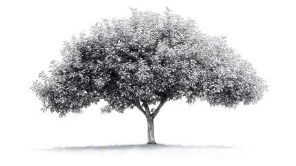 A black and white drawing of a large tree centered on a white background