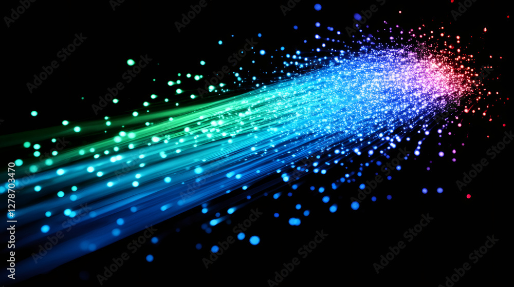 Poster fiber optic cables transmitting data create vibrant light trails, showcasing a mesmerizing bokeh eff