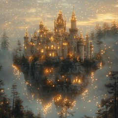 Fototapeta premium Magical floating castle on a misty cliff, illuminated at night.