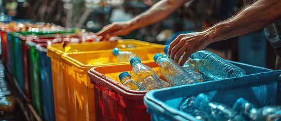 Fototapeta premium Community Recycling Center, People Sorting Waste into Color-Coded Bins