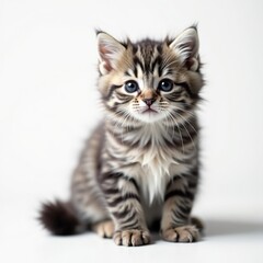 Obraz premium A fluffy gray kitten sits on a pure white background , white background, soft fur