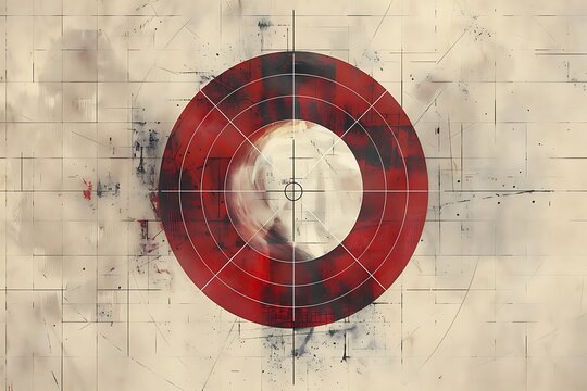 A stylized red bullseye target on a textured, offwhite background with grid lines. The central image is blurred and appears to be a face. Grunge and distressed effects are present.