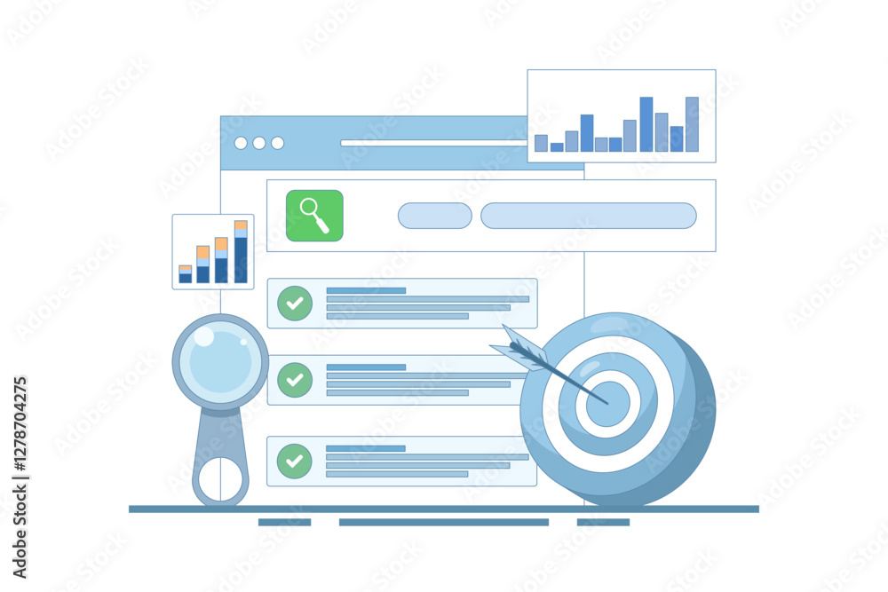Poster seo optimization promotion concept. web browser for digital marketing concept. website analysis stra