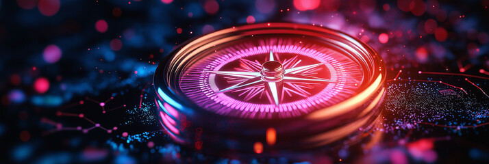 vibrant digital compass surrounded by glowing particles and abstract technology elements, symbolizing direction and navigation in modern context