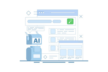 AI powered search results concept, Artificial intelligence integrated with search engine, AI search results, content based title, landing page, flat vector illustration in background.