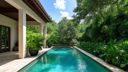 serene luxury home featuring tranquil pool surrounded by lush greenery and vibrant plants, perfect for relaxation and outdoor enjoyment