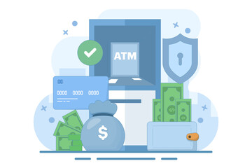 ATM security and protection concept. ATM machine or ATM. Security in using ATM machines. Technology and finance. ATM machine for transactions and money storage. Flat vector illustration on background.