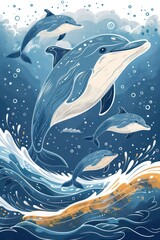 Illustration of dolphins swimming in vibrant ocean waves, showcasing marine life.