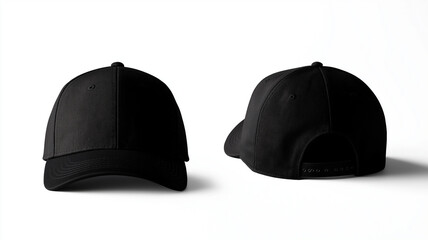 Obraz premium Black baseball cap mockup showcasing front and back views, perfect for branding or design projects. Ideal for sports, casual wear, or promotional use