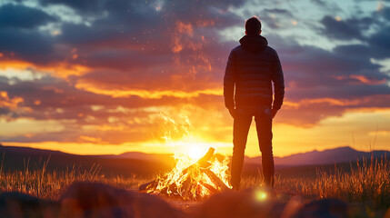 Person Caught in Transition Between Fire and Sunset Moment