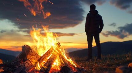 Fototapeta premium Person in Transition Between Fire Glow and Sunset
