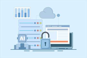 Cloud Server AI Service Concept, AI hosted on cloud server, Cloud hosting, cloud API for artificial intelligence, cloud computing technology, data network management. flat vector illustration.