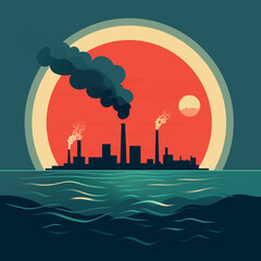 Industrial Pollution at Dawn: The Impact of Human Activity on Nature, concept Pollution, vector illustration