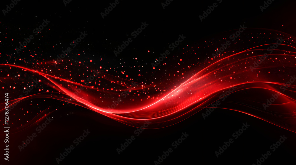 Poster abstract red glowing waves with particles flowing on black background, suitable for technology, ener