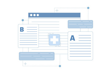 AB Testing Concept, User Feedback, Bug Fixing, Comparison Process, Mobile and Desktop App Development. AB testing concept Comparison of separate wireframe applications A B. Flat vector illustration.