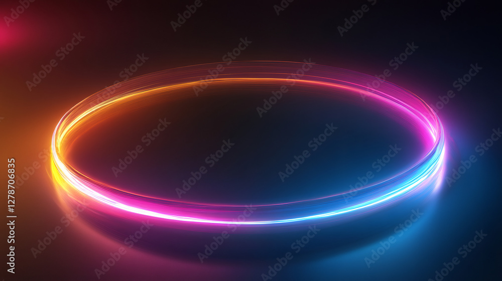 Poster glowing neon light forming an oval shape against a dark background, creating vibrant reflections and