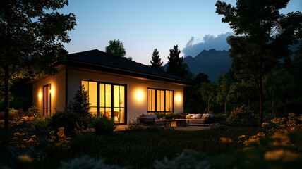 Fototapeta premium modern house with terrace and garden, illuminated at night, surrounded by lush greenery and mountains in background, creating serene atmosphere
