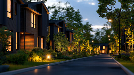 Modern townhouses with black and wood panel cladding line serene street, illuminated by warm lights and surrounded by lush greenery, creating peaceful evening atmosphere
