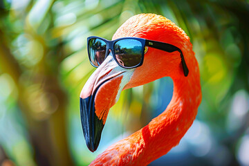 Flamingo with sunglasses, exuding cool vibes against a vibrant background of colorful bokeh lights.