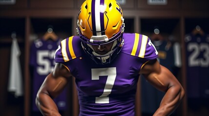 Player preparing for game day in locker room with team uniform and focused mindset