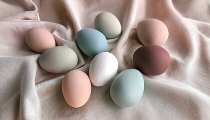 Easter eggs with matte pastel finishes and minimalist geometric designs, placed delicately on a soft fabric background, creating a serene and modern Easter vibe