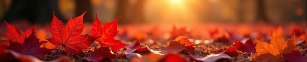 Red maple leaves on the ground with golden glow, golden, glow, fall