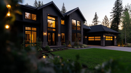 Stunning large two story house with modern architecture, surrounded by trees and well maintained lawn, illuminated by warm lights at dusk