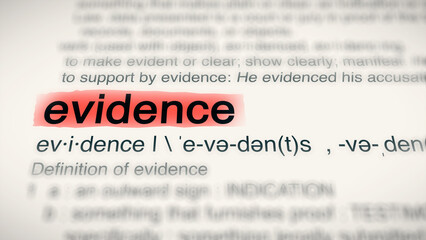 A close-up illustration of the word "evidence" in a dictionary, showing its definition and meaning