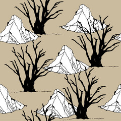 Mountain and trees vector seamless illustration, hand drawn background