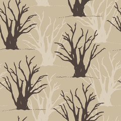 Trees and birds vector seamless illustration, hand drawn background