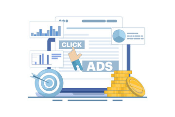 Pay per click concept for websites. Advertising on the internet, clicking on ads, pay per click system. PPC advertising strategies, clicking on ads and more. Flat vector illustration on background.
