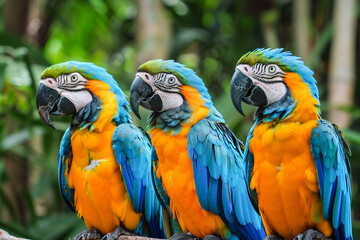 Naklejka premium Three lively macaws with colorful feathers captured against a green forest backdrop, close-up view.