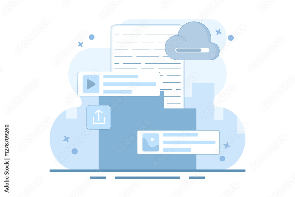 Poster cloud service concept. data storage. files uploaded to cloud storage. uploading files, storage and p