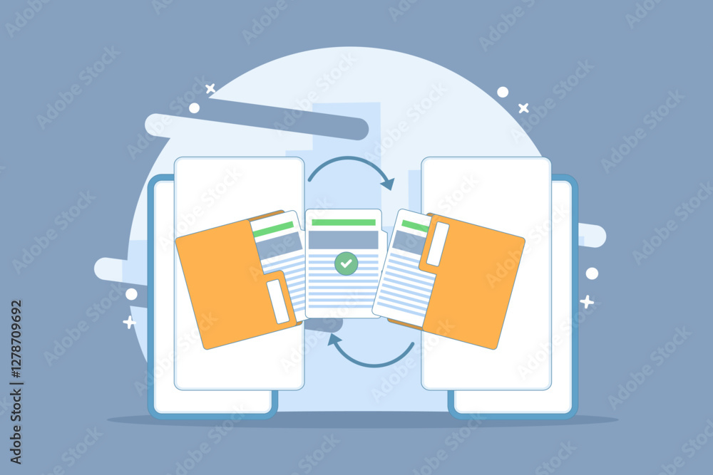 Poster file sharing or file transfer concept. data transfer, open folder icon, folder contains documents, d