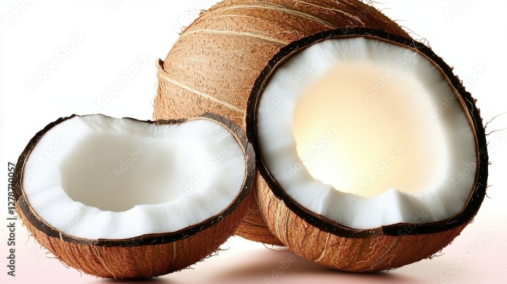 Poster enchanting coconut halves with emanating magical light and soft glowing aura in a serene background