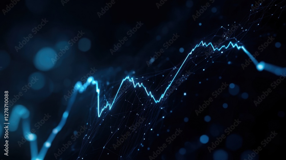 Poster fluctuating line graph: digital network connecting points, showing trend analysis on a graph