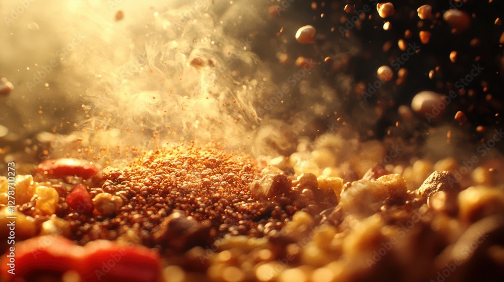 Poster close-up of spices and grains exploding in a cloud of dust, creating a dynamic kitchen scene