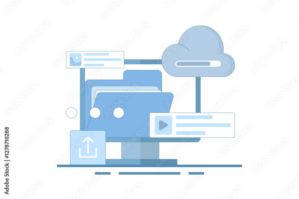 Poster cloud service concept. data storage. files uploaded to cloud storage. uploading files, storage and p