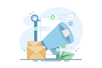 Email marketing concept, Online business strategy, Advertising, Email newsletter, sending messages, marketing materials for landing pages, web banners, social media, infographics. Flat illustration.