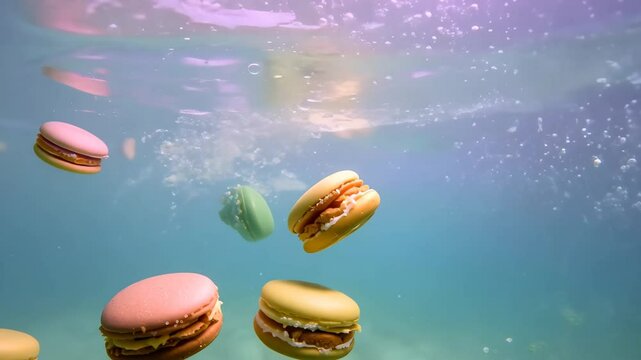 Colorful macarons gracefully floating in vibrant underwater environment.