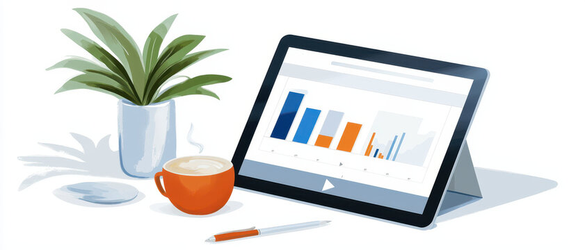 tablet displaying financial graphs with coffee cup nearby
