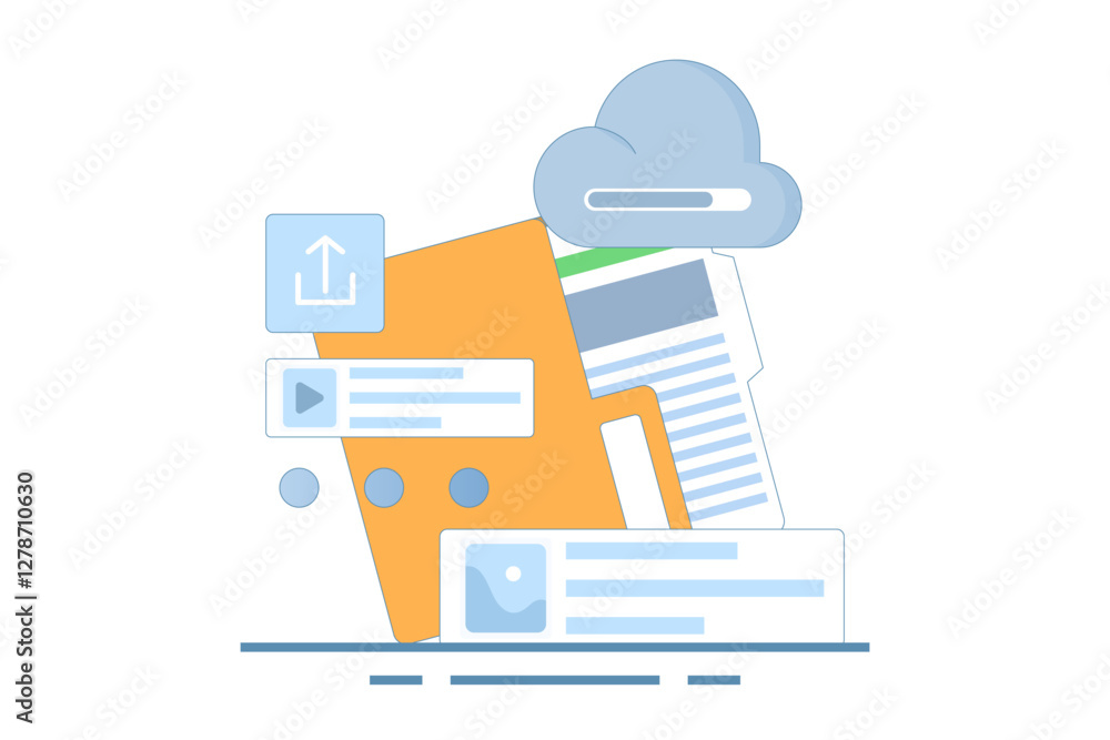 Poster cloud service concept. data storage. files uploaded to cloud storage. uploading files, storage and p