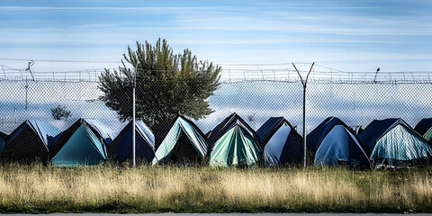 Refugee Camp Tents Behind Fence Illustration