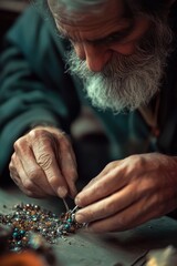 Obraz premium Senior man crafting handmade jewelry with beads and wire, focused artisan at work, traditional craft skills, creative hobby and handmade art process.