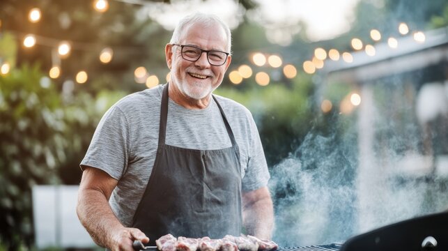 Senior man grilling barbecue outdoors at summer gathering with friends family smiling enjoying retirement lifestyle cooking delicious food on grill.