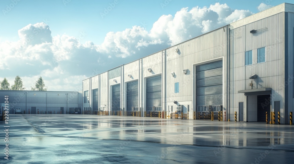 Poster a modern industrial building with large loading bays, surrounded by a reflective surface under a clo