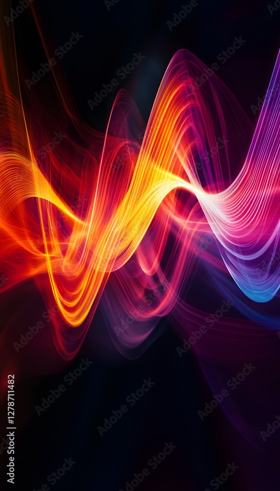 Poster luminous flowing waves move across a dark abstract background
