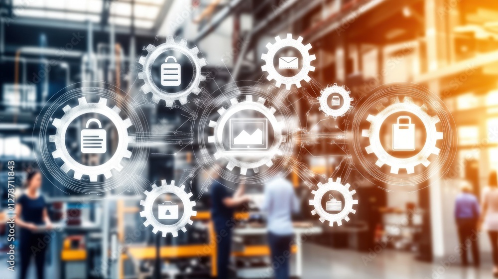 Poster abstract glowing energy depiction of workspace with digital gears and icons representing modern tech