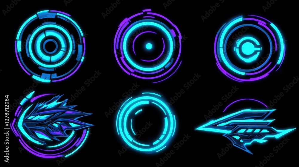Poster glowing circular motifs with neon colors depicting symbols of energy and organ patterns in 3d design